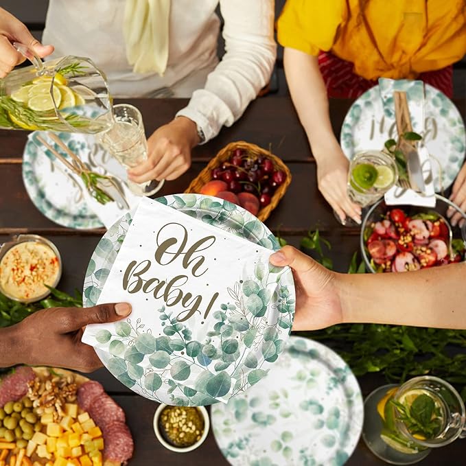 Sage Greenery Baby Shower Party Supplies Disposable Paper Plates Napkins Cups and Tablecloth for Boho Greency Party Decorations Serve 25.