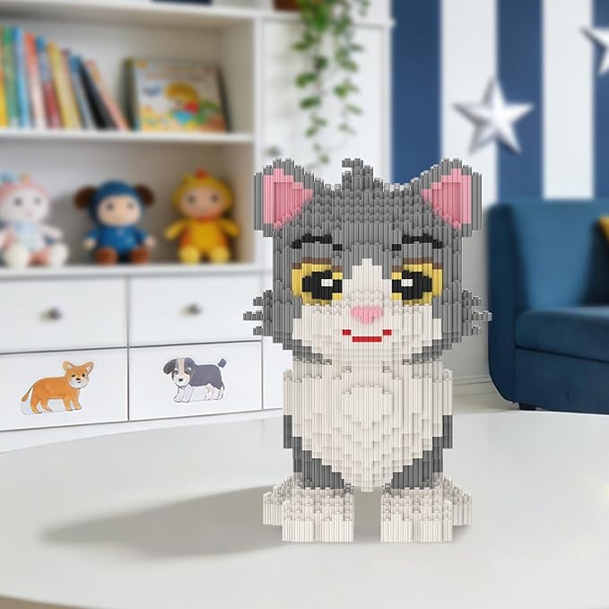 Cat Building Blocks with Organizer Bins | Grey | Micro 3D Animal Building Blocks | 3000PCS | Gift for Adults and Kids | Home &amp Office Decor | RQ8888