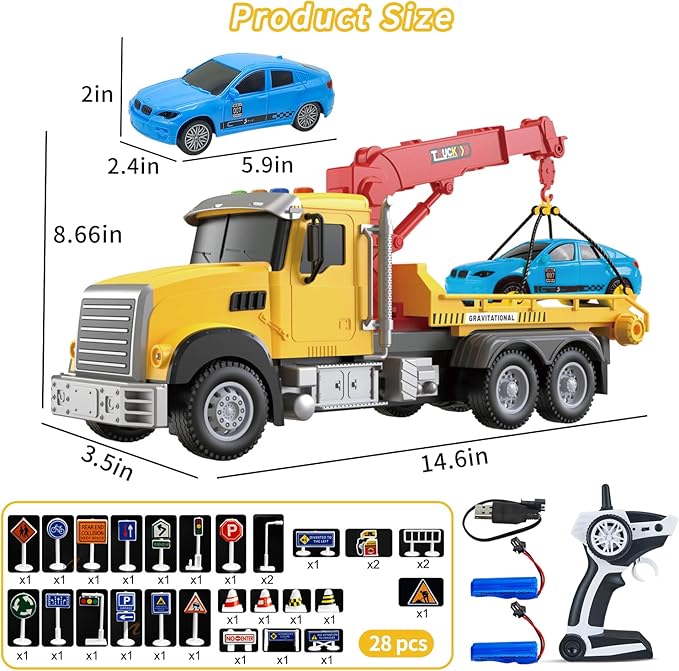 2.4GHz Remote Control Tow Truck for Kids – RC Log Truck with Racing Car 4 Channel RC Transport Crane Vehicle Toy with Lights &amp Sounds 28PCS Traffic Signs 2 Batteries – Birthday Gift for Boys Gi