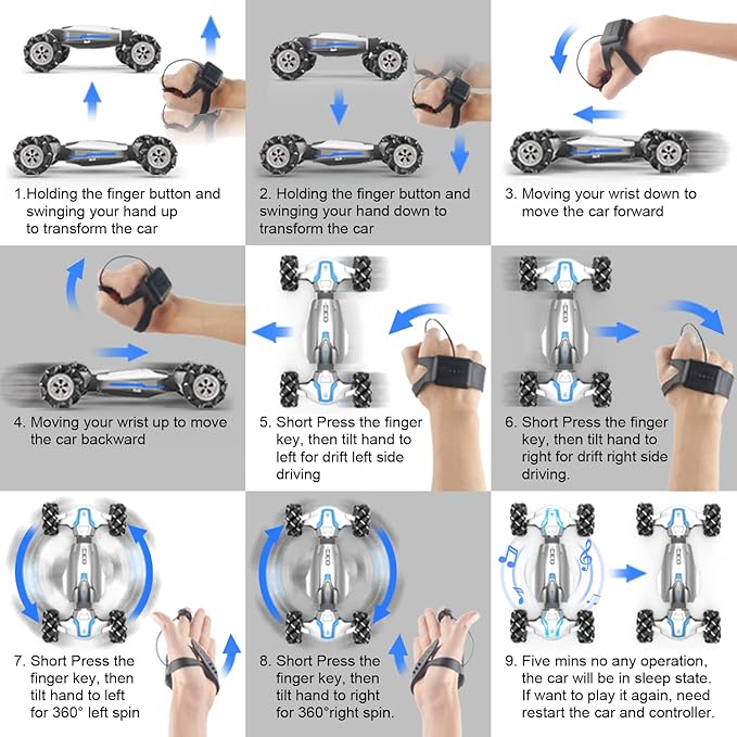 1:10 Scale Gesture Sensing Rc Stunt Car 4WD Remote Control Hand Controlled Transform  Double Sided Vehicle 360° Spins with Lights Music All Terrains Monster Truck for Boys Kids