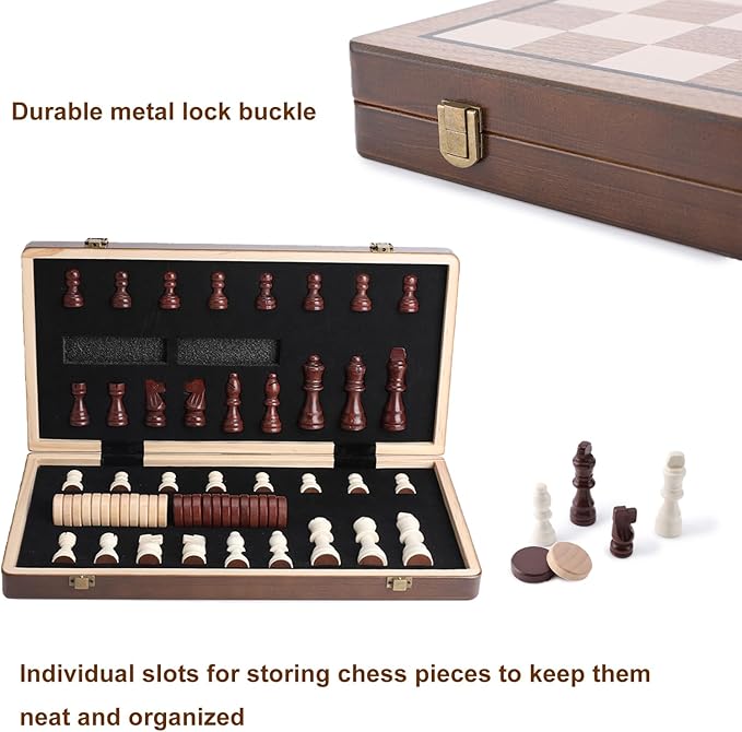 15 Inch Magnetic Wooden Chess Set with Folding Board and Chess Piece Storage Slot Handmade Portable Travel Chess Game Sets for Kids Adults Beginner and Pros Carry Bag 2 Extra Queens