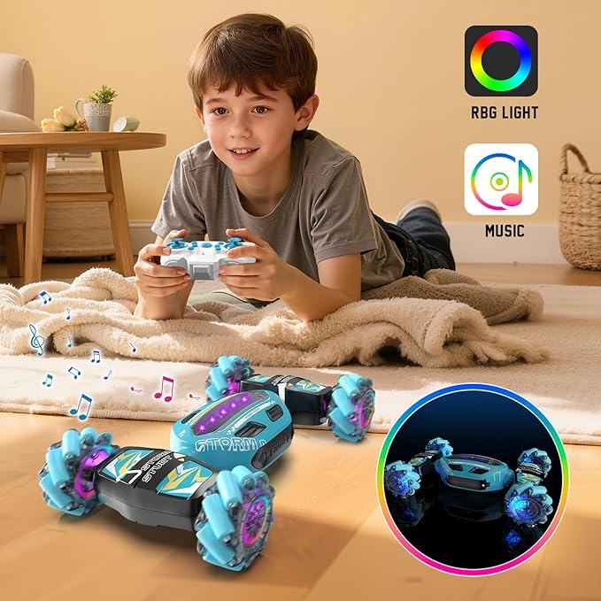 Gesture Sensing RC Stunt Car for Boys 8-12 - Gifts Toy for Kids4WD Remote Control 360° RotatingTransform Hand ControlledBirthday Presents for Boy Age 8 9 10 11 12(Sky Blue)