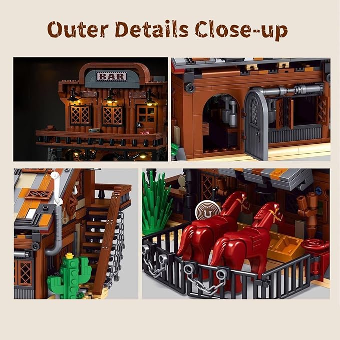 Western Bar Modular Building Set for Adults Wild West Cowboys Cabin with Horses &amp LED Lights Collection House Set for West Lovers (1834 PCS)