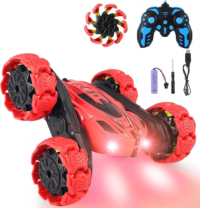 RC Stunt Car 360° Flips &amp Double-Sided Remote Control Truck with LED Lights 2.4GHz High Speed All Terrain Off-Road Toy Car Gift for Boys Girls Kids Ages 6-12 (Red)