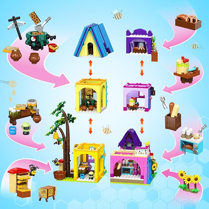 HOGOKIDS Beekeeping &amp Bakery House Building Toy with LED Light - 1084PCS Friends Girls Baking Building Set with Honey Workshop Pretend Play Birthday for Kid Girls Boys Ages 8-12+ Years