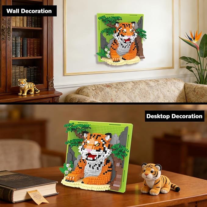 Tiger Animal 3D Wall Art Micro Mini Building Blocks Set Unique Home Wall Decor or Table Display No Compatible with Lego Ideal Gift Toy for Adults &amp Boys Girls 14+ (1458 PCS)
