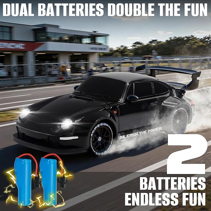 RC Drift Car1:24 Scale Remote Control Car 2.4GHz 20KM/H 4WD High Speed RC Cars for Kids with LED Light Two BatteriesDrifting TiresRacing Vehicle Toy for Adults Boys Girls Black