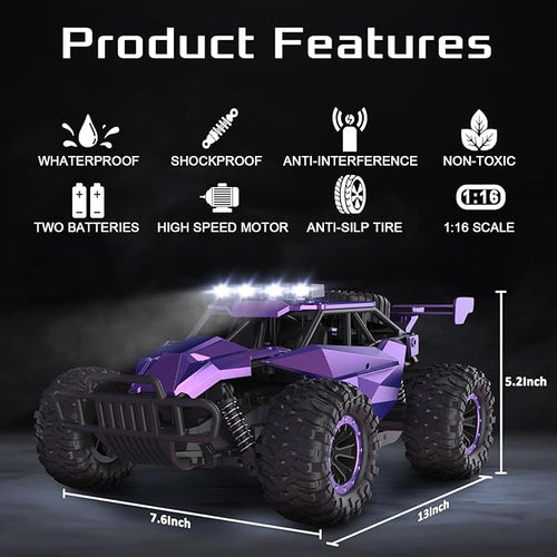1:16 Scale Purple Remote Control Car 20 Km/h High Speed Girls Remote Control Car Monster Vehicle with LED Headlights and Chassis Lights RC Truck for Girls Boys and Adults