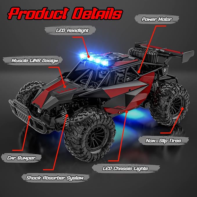 BLUEJAY Remote Control Car 2.4GHz High Speed 33KM/H RC Cars Toys 1:12 Monster RC Truck Off Road with LED Headlight and Rechargeable Battery Gifts for Adults Boys 8-12