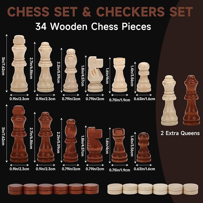 15 Wooden Chess Set | Folding Board 2 Extra Queens | Magnetic Chess Board Set for Adults &amp Kids Pieces Storage Slots Checkers Game for Kids Portable Travel Chess Game for Beginner