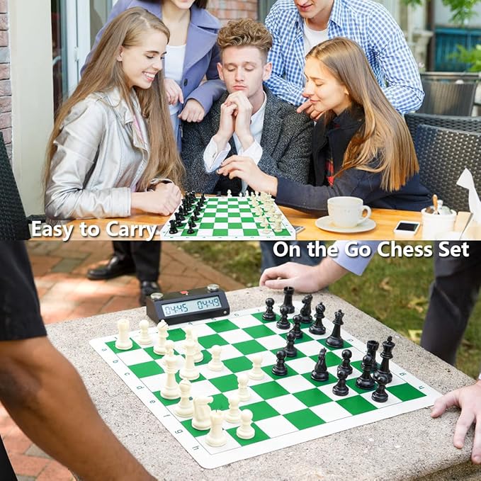 Travel Chess Set 20'' Silicone Chess Board-3.75'' King Height Plastic Piece Extra Queens &amp Storage Bag 2 in 1 Portable Chess &amp Checker Board Games for Teens and Adults