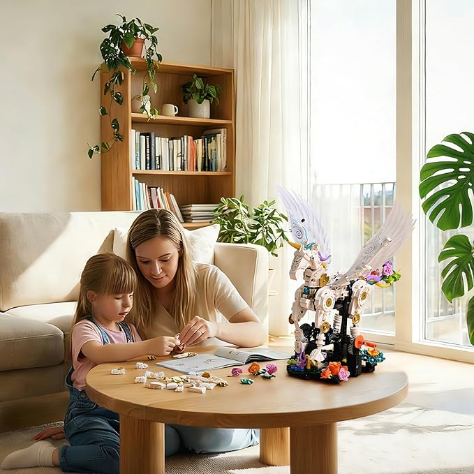 Magical Unicorn Building Blocks Set with Crank‑Handle Motion Poseable Legs &amp Wings Flower Base Creative STEM Construction Toy for Girls 8-12 Kids &amp Teens Unicorn Sets Compatible