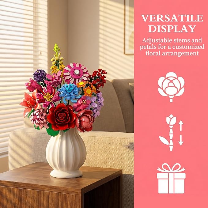 Flower Building Blocks Set 1351PCS Everlasting 14-Style Floral Bouquet Kit DIY Assembled Colorful Flower Decor for Home/Office Birthday Gift/Anniversary/Mother’s Day