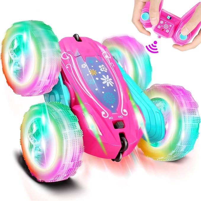 FREE TO FLY Remote Control Car for Girls : Pink RC Car Double Sided 360°Flip Stunt Cars with Headlights &amp WheelLights Rechargeable Toy Car Birthday Gifts for Girl Kids Age 6 7 8 9 10 11 12 Year Ol