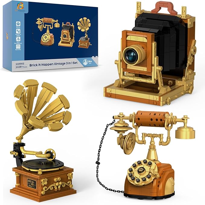 3 in 1 Building Block Sets Retro Camera Telephone Record Player Building Toys 1438 Pcs Vintage Collectible Model Kit for Home Office Decor Nostalgic 80s Gift for Adults &amp Teens 14+