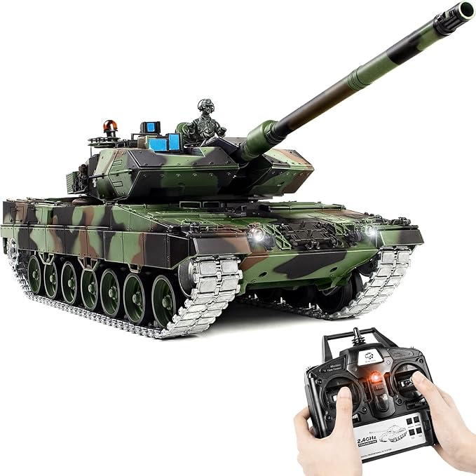 1/16 RC Tank Heng Long German Leopard 2 A6 RC Battle Army Toy with Smoke Sound Light 2.4G Remote Control Tank That Shoots BBS with Upgraded Metal Tracks Idler Sprocket Wheel Steel Gearbox