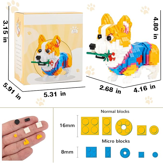 QLT QIAOLETONG Cute Animal Micro Mini Building Blocks Kit Corgi Dog Micro Bricks Building Toys for Adults Party Favors for Kids 12-14+ Years Old Birthday Carnival Prizes (997 PCS)
