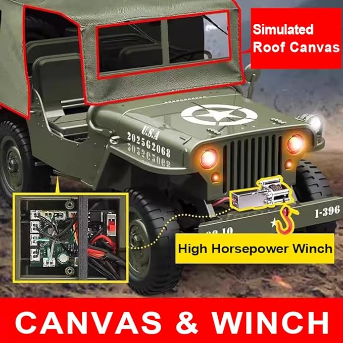 RC Military Truck Rock Crawler 1:10 4WD Off-Road Remote Control Military Jeep with Winch Canvas &amp 2 Batteries 2.4G All Terrain Army Climbing Vehicle with LED Lights for Kids Adult