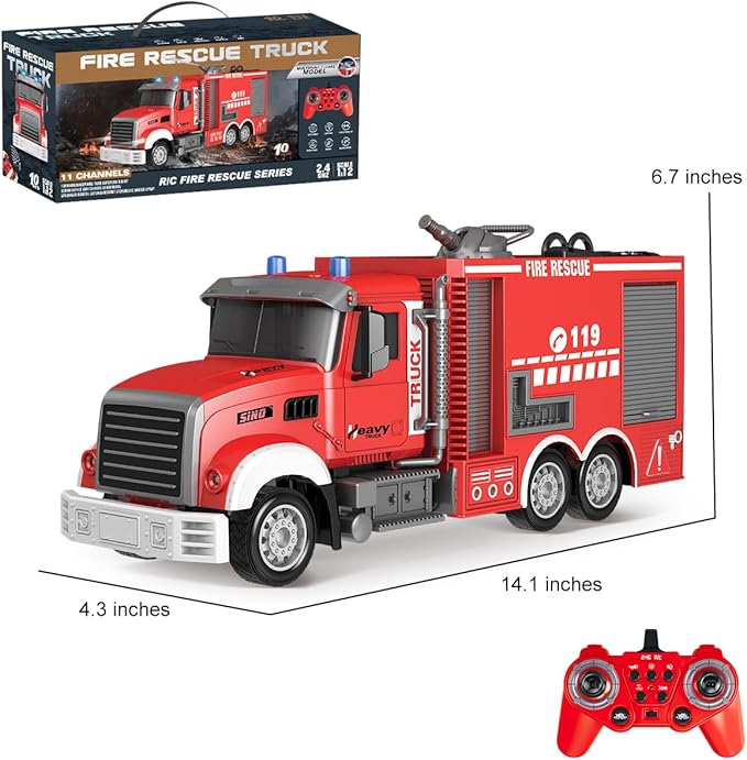 RC Fire Truck Toy - Remote Control Toy Fire Truck - Rescue Fire Engine 11 CH with Rotating Water Spraying Pump Lights Sounds 2.4G Firetruck Toy for Kids Boys