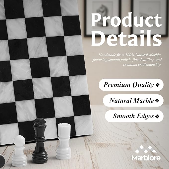 Marble Chess Set Game 12 Black &amp White Chess Board with 32 Chess Pieces &amp 2 Extra Queens Beginner Board Game Chess Set for Valentine’s Day Game Nights