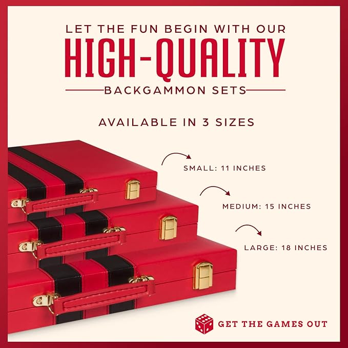 Get The Games Out Top Backgammon Set - Classic Board Game Case - Best Strategy &amp Tip Guide - Available in Small Medium and Large Sizes (Red Medium)