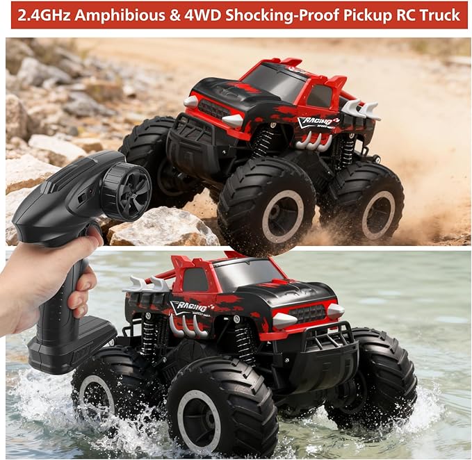 Amphibious Remote Control Car Monster Truck Toys - 1:16 All Terrain RC Trucks High Speed RC Cars with Crashworthy BodyOff- Road Electric Vehicle Kid Toys for Boys and GirlsAge 6+Red