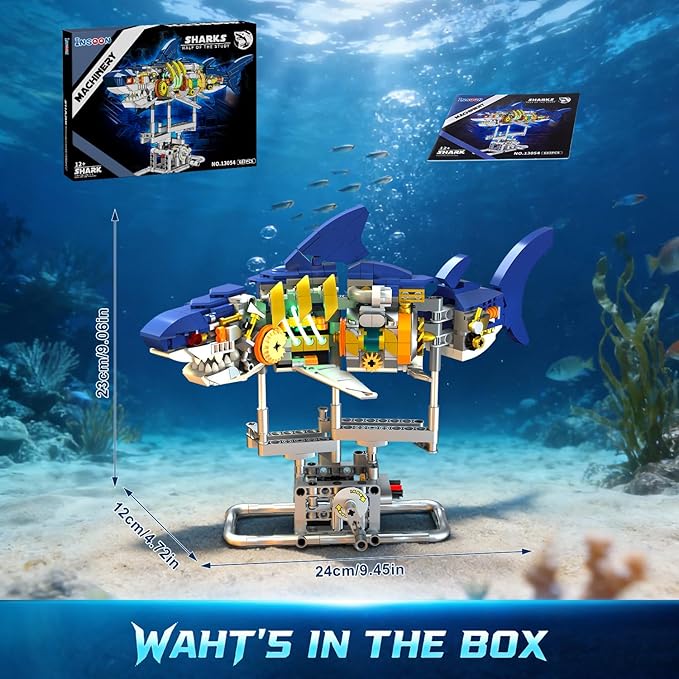 Mechanical Shark Building Set with LED Light 687 PCS Movable Ocean Animal with Display Stand Sea Fish Building Block Toy Home Decor Gift for Adults Teens Kids Boys Ages 12+