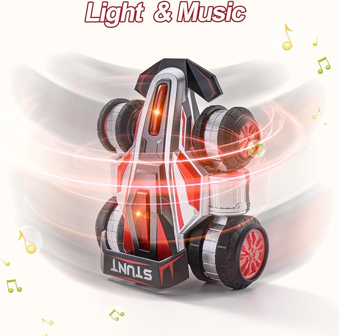 RC Cars 2.4 GHz Fast Stunt RC Car 4WD 360° Rotating RC Trucks with lights and music High Speed Off Road Stunt Truck upright walking cars Remote Control Car Toy for 6-12 Boys and Girls(RED)
