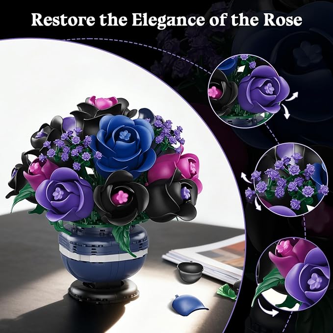 Flowers Botanicals Building Set - Artificial Purple Black Rose Bonsai Plant for Home Decor 507PCS Artificial Flowers Building Set Indoor Gothic Decoration Easter Birthday Gifts for Adults