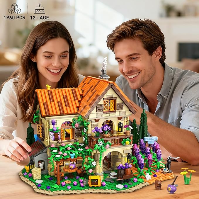 Lavender Manor House Building Set with Lights 1960 PCS Lavender Estate Construction Model Home Decor Romantic Lavender Flowers Cottage Building Block Kit Gift for Adults Teens Boys Girls 12+