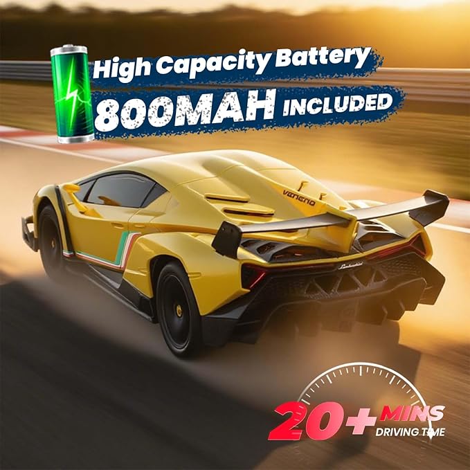 QUN XING Remote Control Car 1:24 Officially Licensed Lambo veneno RC Drift Car with LED Lights 2.4GHz 4WD 15KM/H Fast Speed Control Rechargeable Battery 800mah Birthday for Kids Boys 8-12Yellow