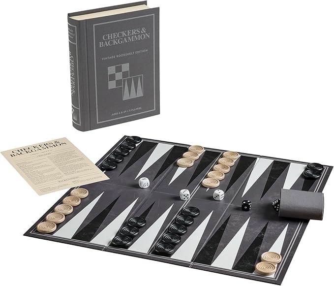 Checkers and Backgammon Vintage Bookshelf Edition by WS Game Company Linen Wrapped Book Box &amp Slipcase - Reversible Board Wooden Pieces - Checkers and Backgammon Sets for Adults &amp Kids Ages