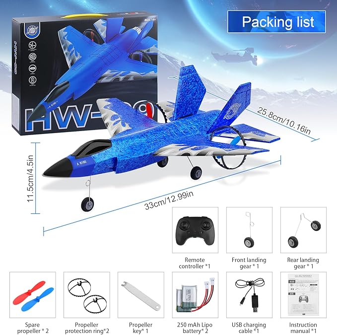 RC Plane 2CH RC Airplane Toys HW39 Fighter 2.4GHz Remote Control Plane RTF for Beginner Kids and Adults F35 Aeroplane with Night Lights USB Charging (Blue)