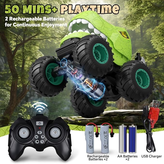 Remote Control Car for Boys Age 4-7 8-12 50min+ Runtime Dinosaur Monster Truck Toy with Spray Light Music Stunts Birthday Gift for Boy 3 4 5 6 7 8 9 10 Year Old