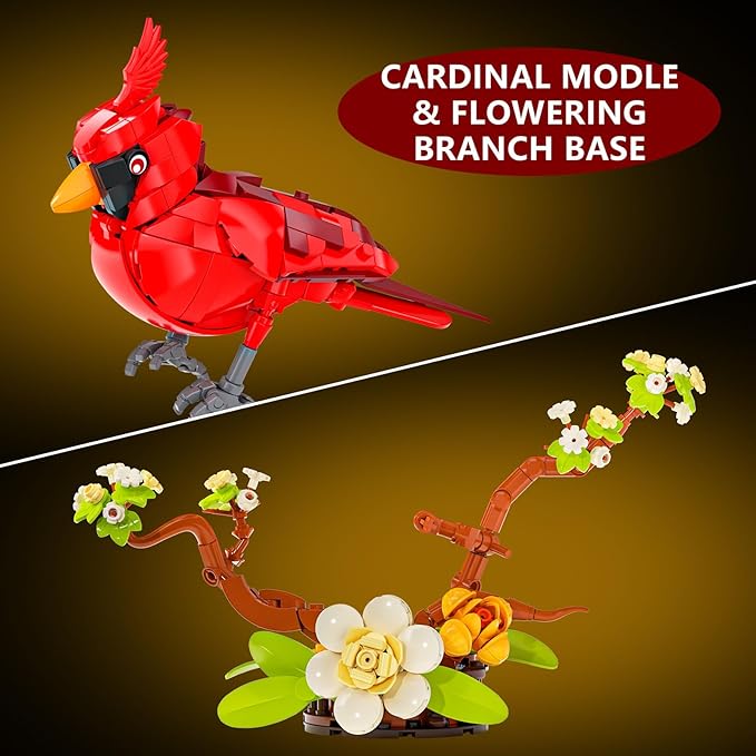 Northern Cardinal Building Set Male Cardinal Bird with Blooming White Dogwood Flowers Creative Set for Adults to Build and Display Red Cardinal Modle Memorial Gifts for Bird Lovers