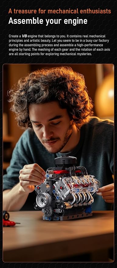 Sosuy V8 Engine Building-Blocks Sets Working Motor Model 487+PCS Mechanic Display Home Set for Collection Fans STEM Cars Toys for Boys Birthday Gitf for 8+ Kids Adults Men Girls