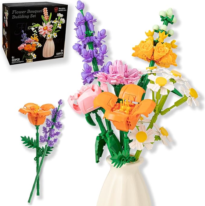 Flower Bouquet Building Blocks Set - Artificial Flowers with Roses for Home Decor Unique Gift for Her or Him for Mother's Day Birthday Gift DIY Mini Micro Bricks Kits with Vase