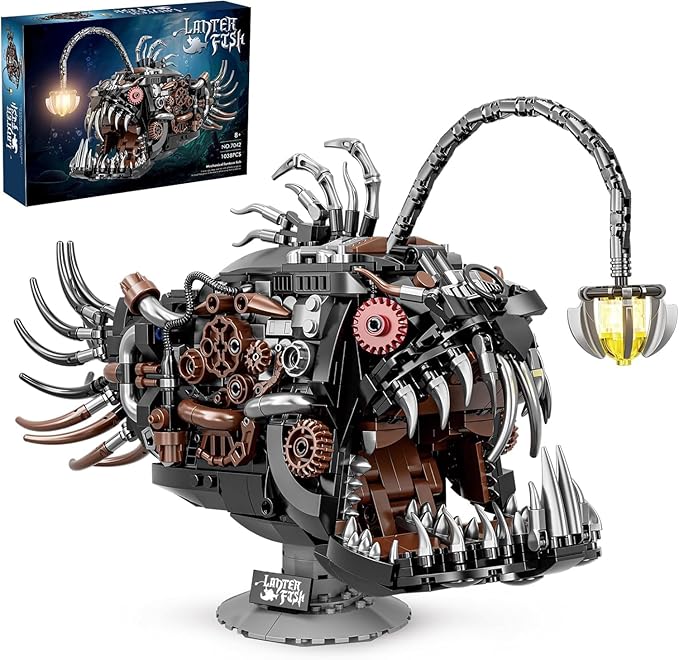 Mechanical Lantern Fish Building Block Set1038 PCS Ocean Animals Decor Collection Toy Compatible with Lego Sets for Boys 8-14STEM Birthday Gift for Adults Women Girls Boys Age 8-12(with LED)