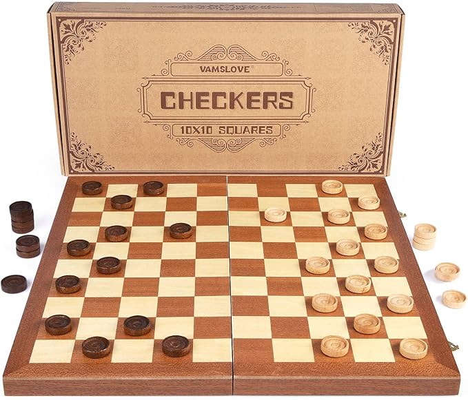 VAMSLOVE 15inch Checkers Folding Wooden Game Set 100 Square Checkerboard International Checkers Draughts Board 10x10 for Kids with Pieces Storage Slots (Instructions Included)
