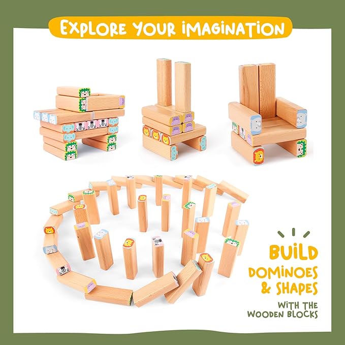 Nene Toys Wooden Block Stacking Game – 4-in-1 Tumble Tower Family Board Game with Building Blocks Cards and Dice – African Safari Educational Wooden Toy for Kids 3-9 Years Old About Animals