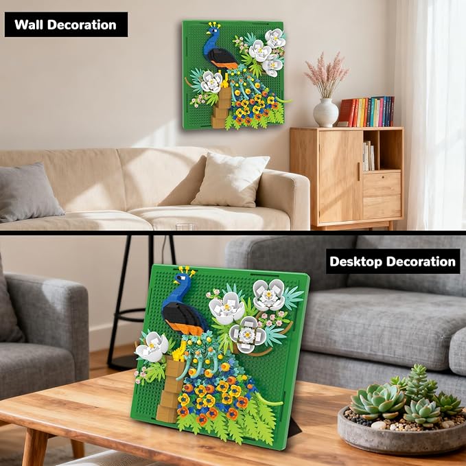 Flowers Peacock Animal 3D Wall Art Micro Mini Building Blocks Set Unique Home Wall Decor or Table Display Ideal Gift Toy for Adults &amp Boys Girls 14+ (879 PCS)