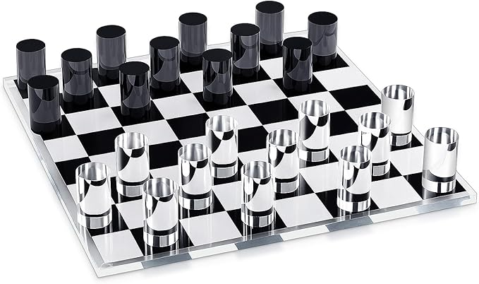Acrylic Checkers Set 14 x 14 Inch Large Black Clear Modern Cylinder Table Game Board for Adults