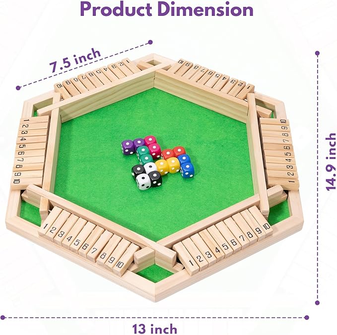 Shut The Box Dice Game - Classic Wooden Tabletop Game for 2-6 Players - Natural Wood Finish Family Board Game for Adults &amp Kids - Perfect for Parties Bars Classroom Math Learning