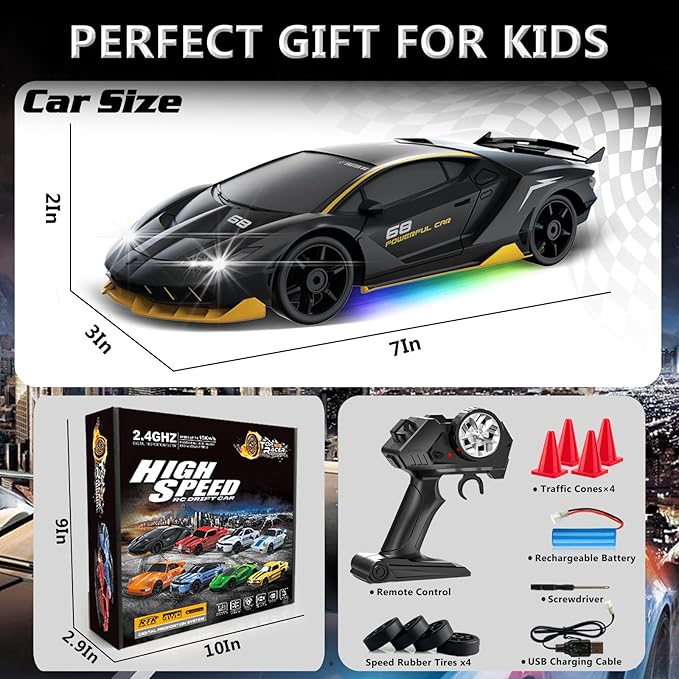 RC Drift Car 1:24 Remote Control Car 4WD 15KM/H High Speed Racing Sport Car with LED Lights RC Cars Toy for Kids Boys Girls Adults Gifts Birthday Christmas Rechargeable Batteries (Black-1)
