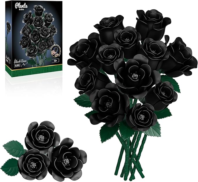 Black Rose Bouquet Building Set Rotatable Control for Flowering Flowers Botanical Christmas Valentine's Day Gifts for Adults - Gothic Home Office Table Bookshelf Decor