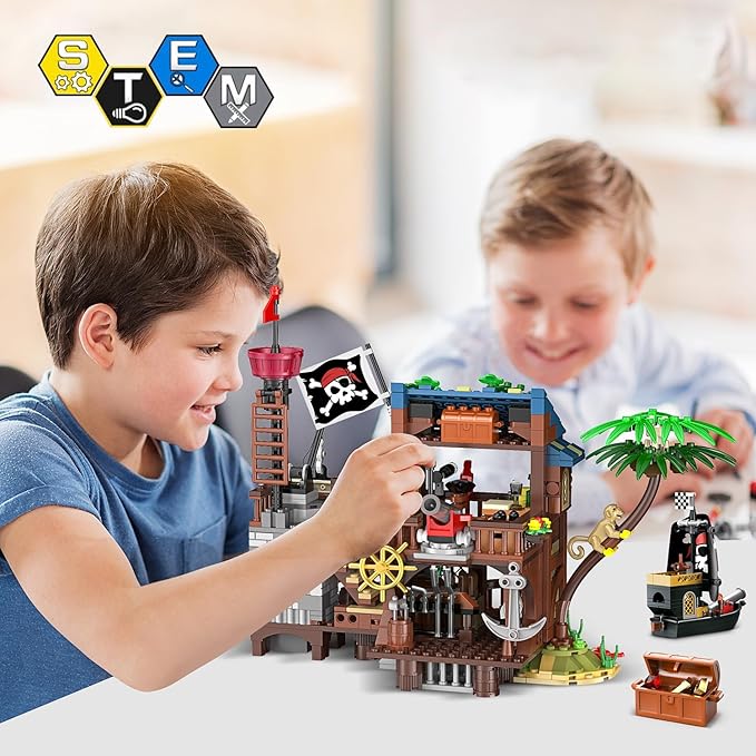 HOGOKIDS Pirate Ship House Building Set with LED Light - 3 Style Modes Pirate Wharf Supply Center Building Block Set 781PCS STEM Bricks Kit for Kids Girls Boys Ages 6-12+ Valentines Gifts