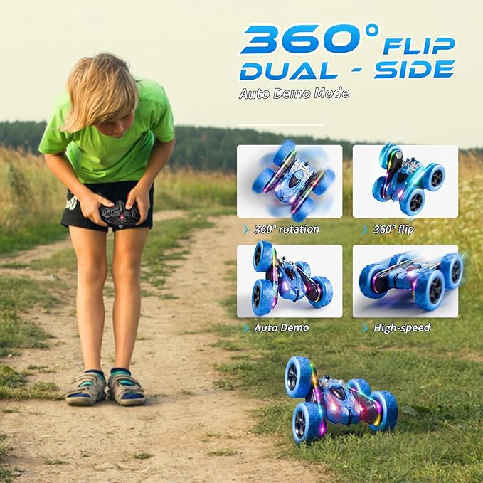 Remote Control Stunt Car 4WD 360° Flip Double‑Sided RC Cars LED Light Bar USB‑C Modular Battery 2.4 GHz Outdoor Beach Toy for Boys 6‑12 Years Old Birthday &amp Christmas Kids Gift Blue