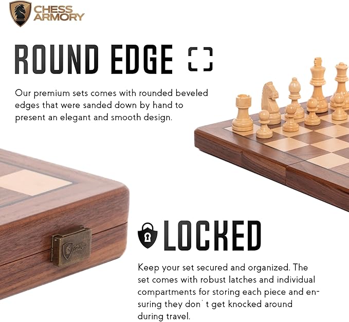 Chess Armory 15 inch Chess Set Magnetic - Premium Wooden Board Game with a Portable Wood Case and Secure Storage for Pieces Set for Kids and Adults (Walnut Wood)