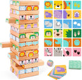 Nene Toys Wooden Block Stacking Game – 4-in-1 Tumble Tower Family Board Game with Building Blocks Cards and Dice – African Safari Educational Wooden Toy for Kids 3-9 Years Old About Animals