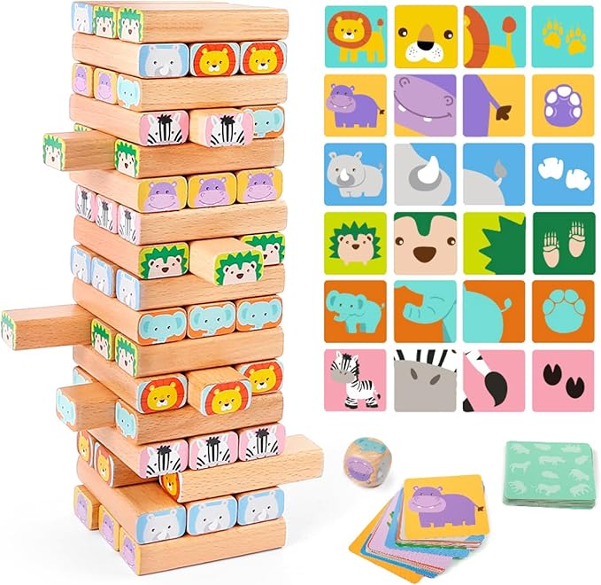 Nene Toys Wooden Block Stacking Game – 4-in-1 Tumble Tower Family Board Game with Building Blocks Cards and Dice – African Safari Educational Wooden Toy for Kids 3-9 Years Old About Animals